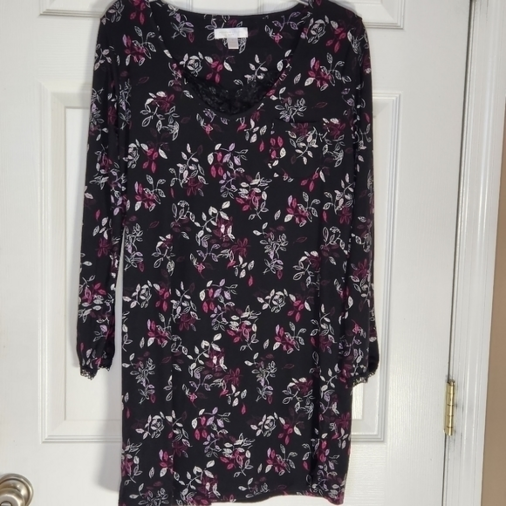 Adrianne Vittadini Studio Sm Black Floral Night Gown Sleep Shirt With Lace‎